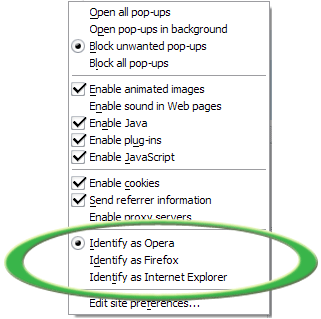 I've added Identify As... to Quick Preferences menu in Opera 9.5 Quick Preferences menu screenshot
