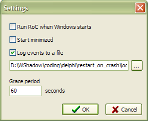 The configuration dialog for "Restart On Crash" The configuration dialog. Yes, that's it.