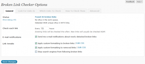 Broken Link Checker - tabbed "Settings" page