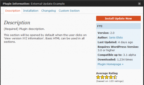 The "Plugin Information" window with placeholder data
